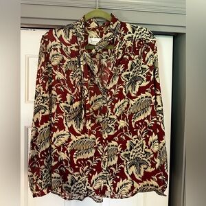Anthropologie Burgundy and Cream Patterned Blouse
